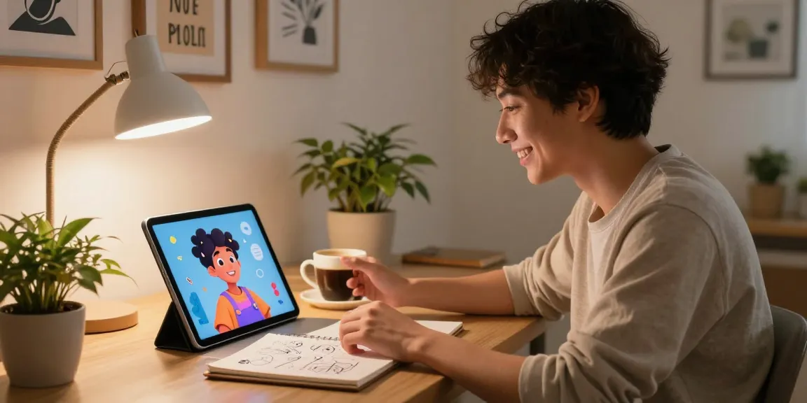 Cheerful user engaging with Crushon AI character on a tablet in a cozy workspace.