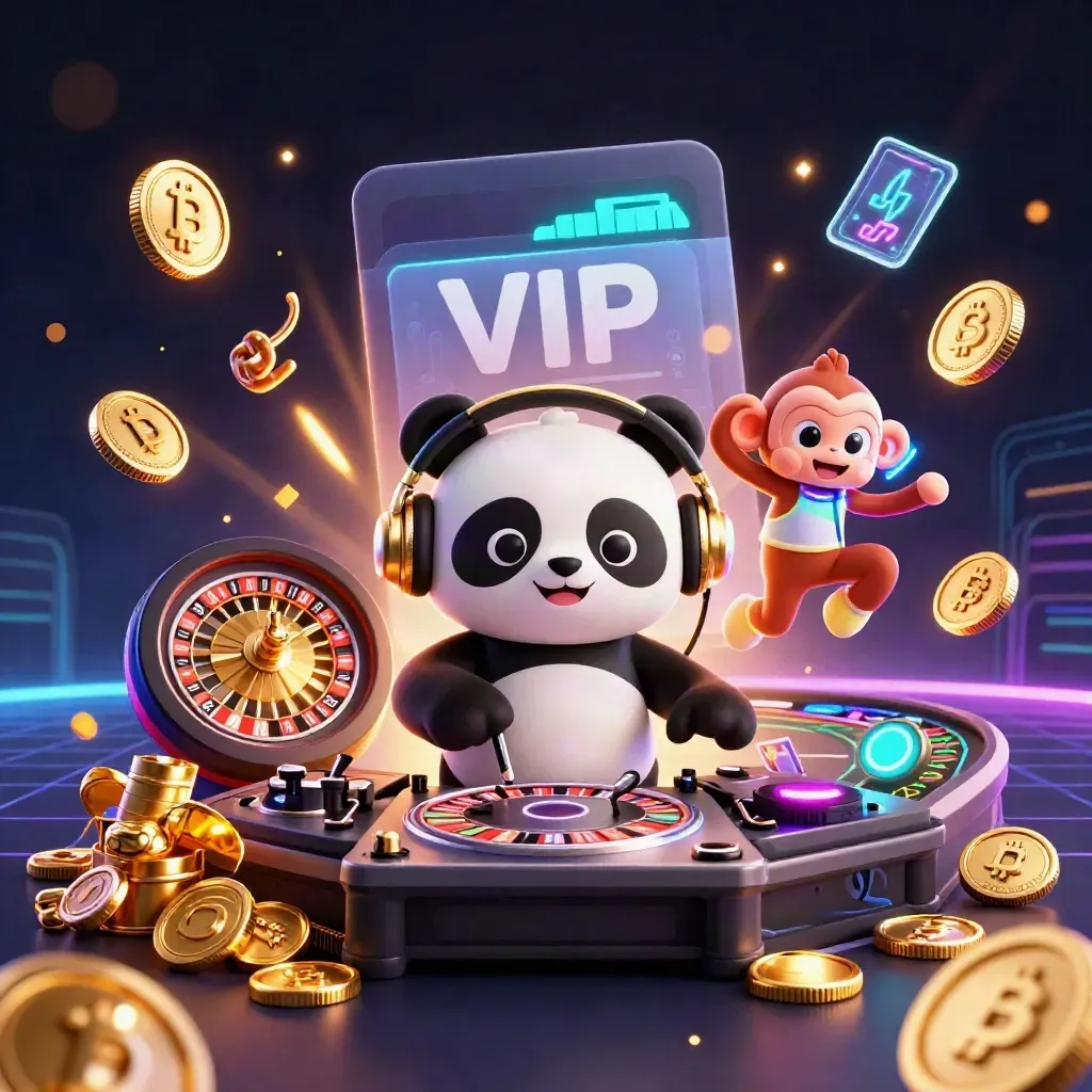 Panda DJ, breakdancing monkey, and rave kitten amid coins, cards, neon tech, and vault treasure.