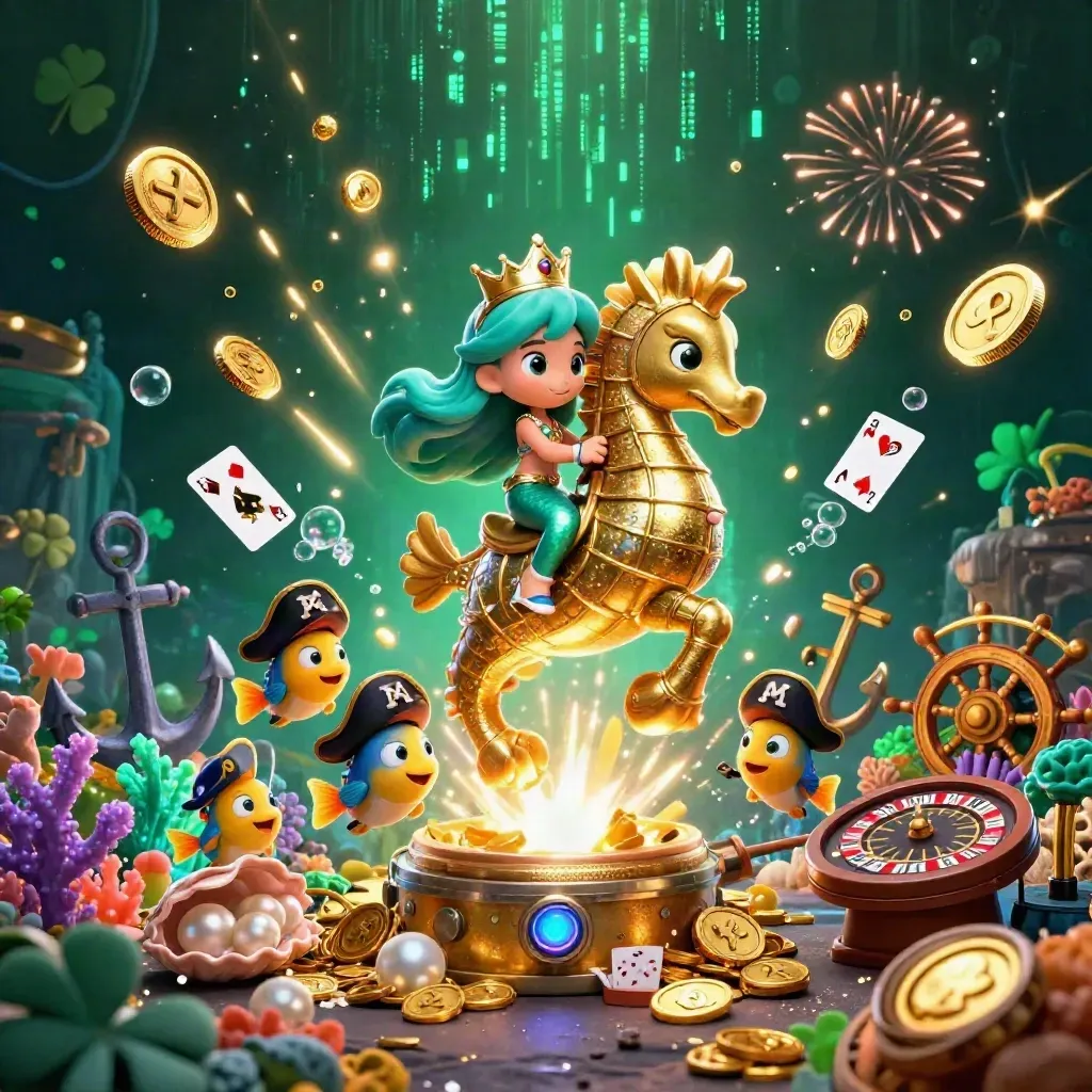 Mermaid princess on a golden seahorse amid coins, fish, cards, roulette, and glowing treasure.