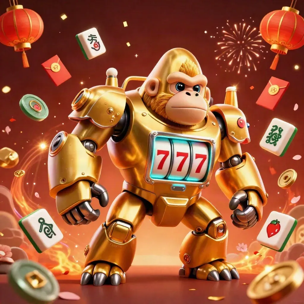 Golden gorilla slot mech with tiny pilot amid lanterns, coins, fireworks, and glowing casino energy.